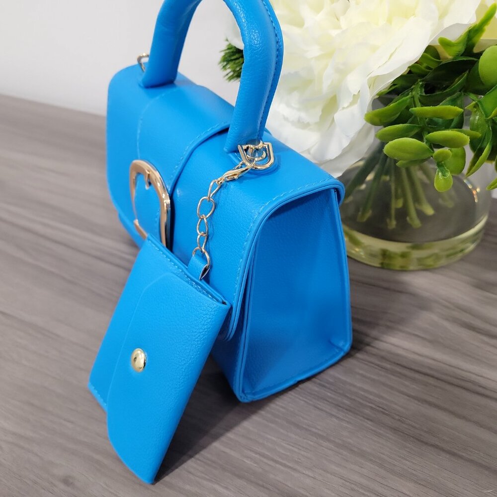 Blue Retro Style Buckle Small Handbag Purse w/Detachable Mini coin wallet - Picture 6 of 10